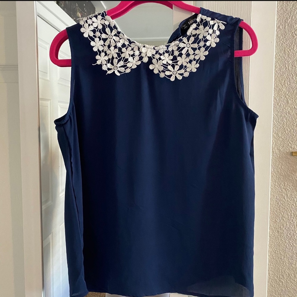 Navy Blue Guipure Lace Collar Shell Top